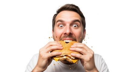 Wide-eyed man takes large bite from burger with cheese and patties scattering crumbs