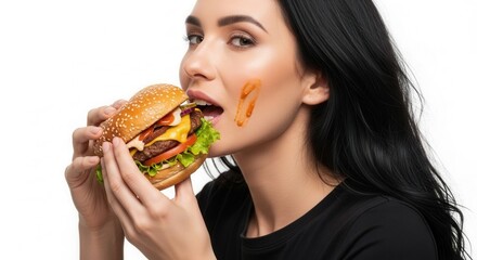Woman eating a large burger with sauce on her cheek against a white background