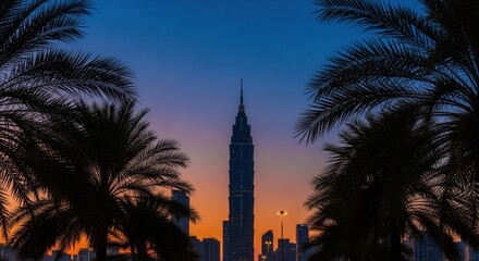 A striking silhouette of a towering skyscraper framed by palm trees against a vibrant sunset sky with city buildings visible