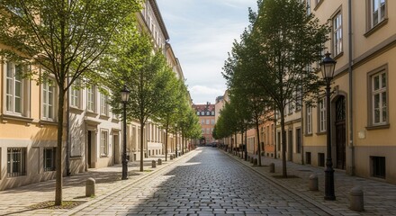 Fototapeta premium A sunlit cobblestone street lined with buildings and mature trees featuring lampposts and bollards along its sidewalks under a clear sky