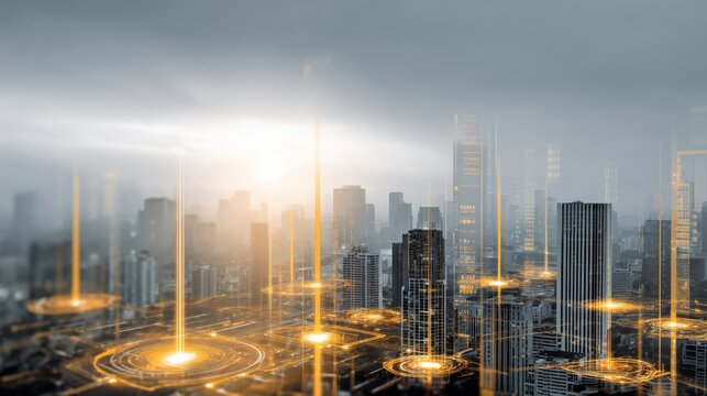 Smart Cityscape with Digital Network, Wireless Technology and Golden Data Streams Connecting Modern Buildings