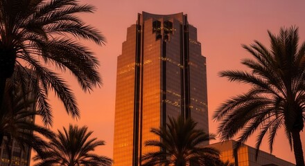 A tall glass-faced building with a distinctive top stands against a vivid orange and pink sunset sky framed by silhouetted palm trees in the foreground