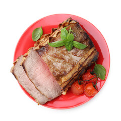 Delicious baked beef meat, tomatoes and basil isolated on white, top view