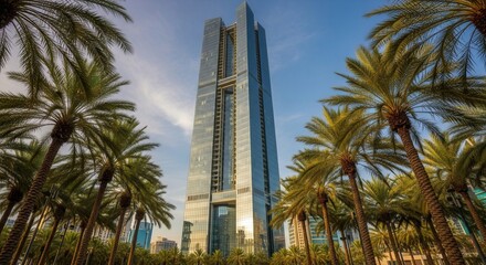 A towering glass-clad skyscraper stands amidst a dense array of green palm trees under a bright blue sky reflecting sunlight