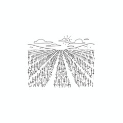 A line art illustration of a lavender field under a sunny sky with clouds and distant hills.