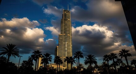 A towering modern skyscraper stands against a dramatic sky with bright and dark clouds flanked by silhouetted palm trees in the foreground