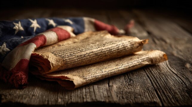Historical American Documents with Flag: Close-up on Vintage Legal Texts and Patriotic Symbolism on Rustic Wood