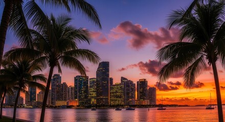 A tropical city skyline is silhouetted against a vivid sunset sky with palm trees framing the view over water dotted with boats and illuminated tall buildings