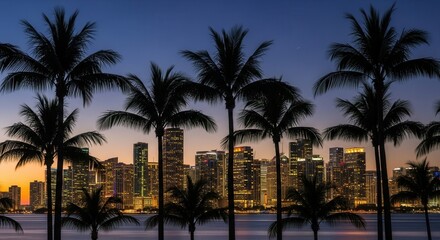 Obraz premium A vibrant city skyline at twilight featuring numerous illuminated buildings reflected in the water framed by silhouetted palm trees