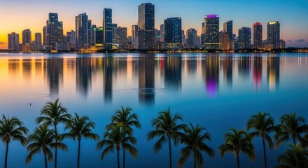 A vibrant city skyline at dusk with numerous high-rise buildings illuminated reflecting in calm water Palm trees line the foreground under a colorful sky
