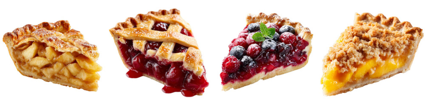 Assorted fruit pie slices including apple cherry berry and peach on transparent background