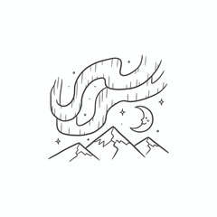 A minimalist illustration of mountains under the dancing aurora borealis and moon.