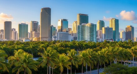 Obraz premium A vibrant city skyline features numerous tall buildings rising above a lush canopy of green palm trees under a clear blue sky with soft clouds