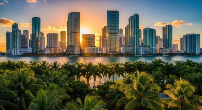 A vibrant city skyline at sunset with numerous modern skyscrapers reflected in calm water and a lush foreground of tropical palm trees - Powered by Adobe