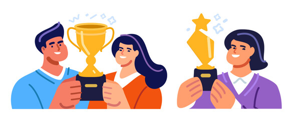 Success, leadership, awards. Happy people with trophies. Award ceremony, triumph. Business achievements