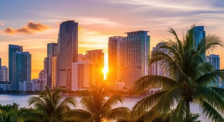 Fototapeta premium A vibrant cityscape at sunset featuring numerous high-rise buildings a calm water body and lush palm trees framing the view