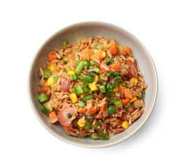 Delicious fried rice with vegetables and bacon isolated on white, top view