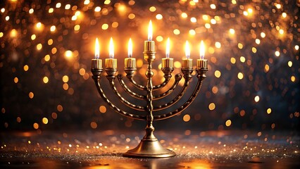 Naklejka premium Golden hanukkah menorah with glowing candles against a sparkling background