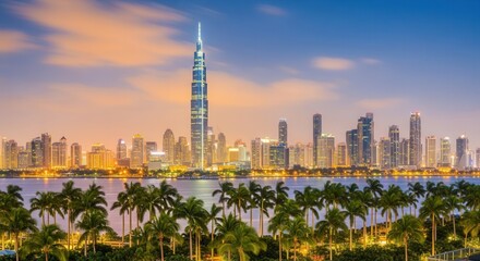 Fototapeta premium A vibrant cityscape at twilight featuring numerous illuminated skyscrapers and a prominent central tower with a tranquil body of water and palm trees in the foreground