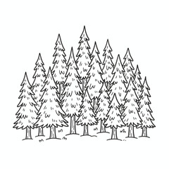 A black and white illustration of a dense cluster of evergreen trees, drawn in a simple, cartoon style.