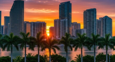 A vibrant orange and purple sunset illuminates a waterfront city skyline with numerous tall buildings and a line of silhouetted palm trees beside calm water