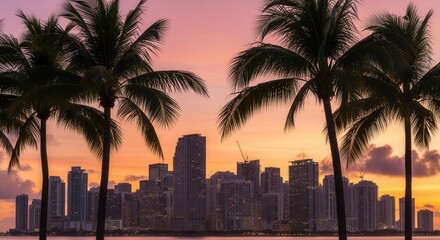 A vibrant sunset over a modern cityscape featuring tall buildings silhouetted against a gradient sky of pink and orange framed by dark palm trees overlooking still water