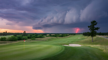 Dramatic Golf Course View Thunderstorm Lightning at Dusk Breathtaking Scenery