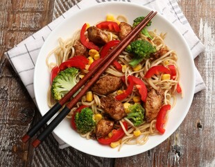 Delicious noodles with meat, vegetables and chopsticks on wooden table, top view