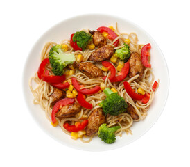 Delicious noodles with meat and vegetables in bowl isolated on white, top view