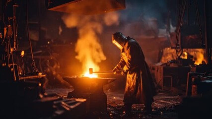 Blacksmith Forging Metal on Anvil in Fiery Forge - Powered by Adobe