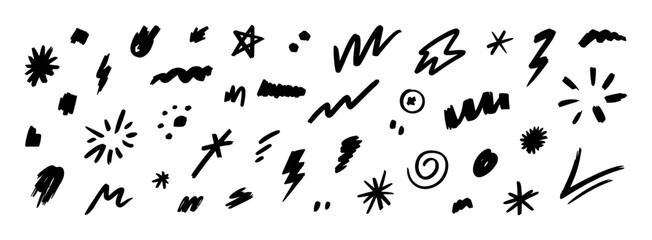 Black Hand-Drawn Doodle Elements: Stars, Lightning, Swirls, and More