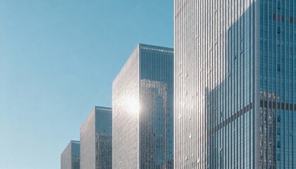 Modern Office Buildings with Glass Facades Reflecting Sunlight Against a Clear Blue Sky