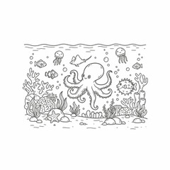 Adorable cartoon octopus and various sea creatures in an underwater scene, perfect for coloring.