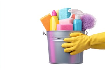 Colorful cleaning supplies in a metal bucket held by gloved hands