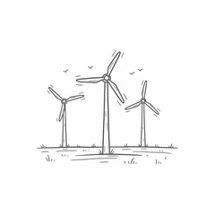 Hand-drawn sketch of three wind turbines in a grassy field, birds flying overhead, representing clean energy.
