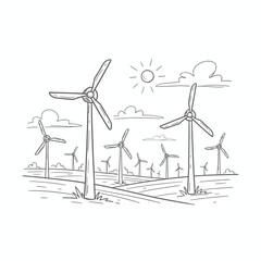 Illustration depicting a field of wind turbines generating clean energy, under a sunny sky.