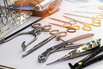 Medical equipment scissors in the operating room