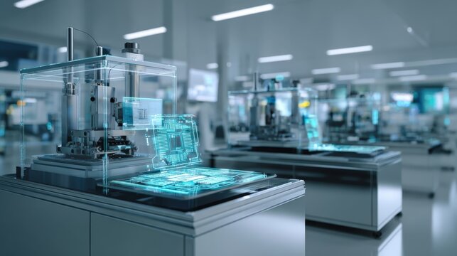 Advanced Technology Manufacturing: Automated Production Line with Holographic Displays in a Clean, Modern Factory Setting