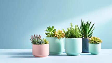 Obraz premium Collection of Diverse Succulents in Pastel Pots against a Blue Background, Modern Interior Decoration