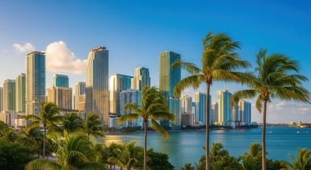 Obraz premium Modern city skyline with tall buildings lush palm trees and a bay under a clear blue sky with scattered clouds