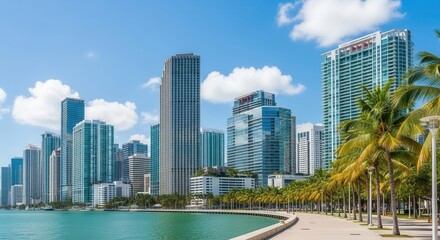 Obraz premium Modern city skyline with tall buildings a paved waterfront promenade and a row of palm trees under a blue sky