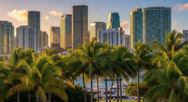 Modern city skyline at sunset with numerous high-rise buildings and illuminated palm trees in the foreground overlooking a bay with moored boats - Powered by Adobe