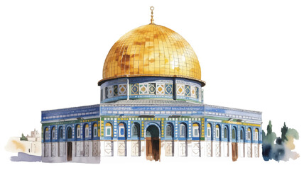 Fototapeta premium Dome of the Rock Vector Watercolor Illustration with Golden Dome and Blue Details