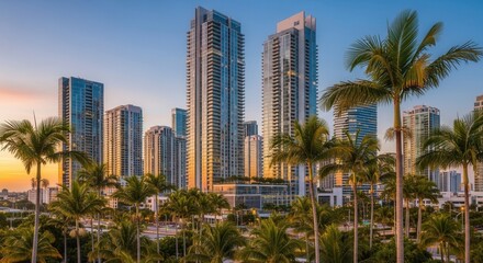 Modern high-rise buildings and numerous palm trees bathed in golden hour light under a clear sky showcasing an urban tropical landscape