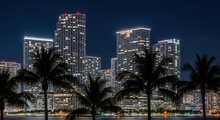 Nighttime cityscape with illuminated skyscrapers and silhouetted palm trees overlooking a body of water under a dark starry sky