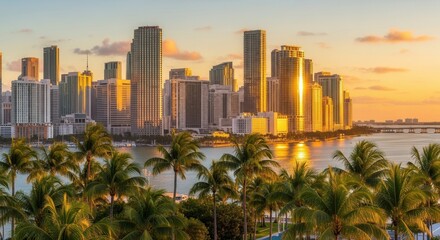 Numerous high-rise buildings line a waterfront illuminated by warm setting light Palm trees populate the foreground with distant bridges visible