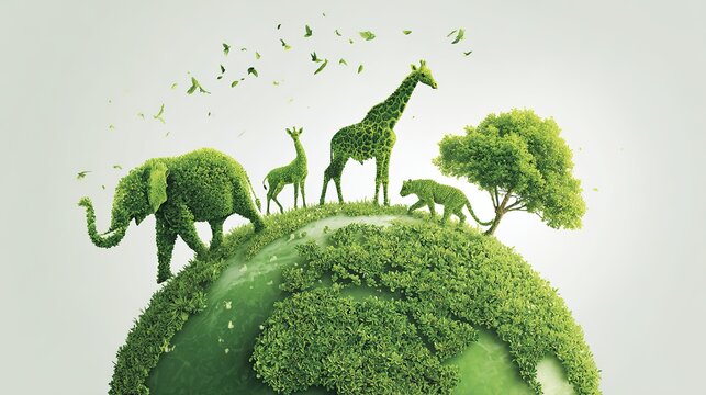 Digital illustration of green foliage Earth with silhouettes of elephant, giraffe, lion, tiger, sheep, tree and birds, symbolizing biodiversity and nature for World Animal Day