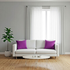 Living Room Interior with White Sofa, Purple Pillows and Fiddle Leaf Fig Plant