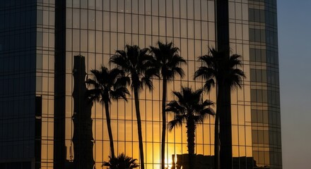 Silhouetted palm trees stand before a modern glass building reflecting a golden sky with strong vertical and horizontal lines