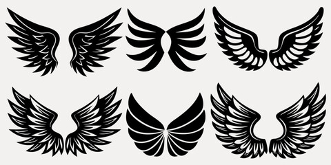 horizontal,icon set,angel,tattoo,
clip art,insigWing silhouette vector set, twelve symmetrical pairs, feather style variation, tattoo design element, logo graphic, fantasy illustration, black artwork
